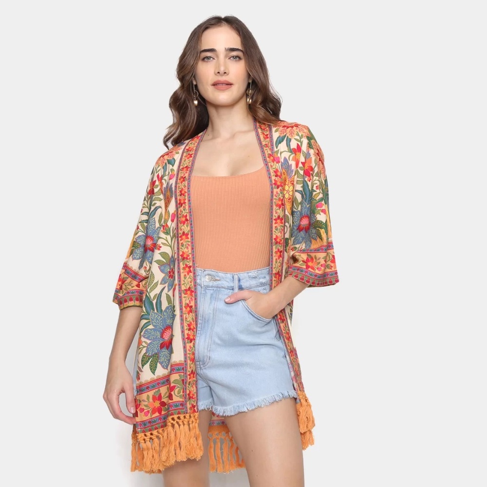 FARM Rio Floral Fringe Kimono in Cream, Orange, Green, Blue, Pink